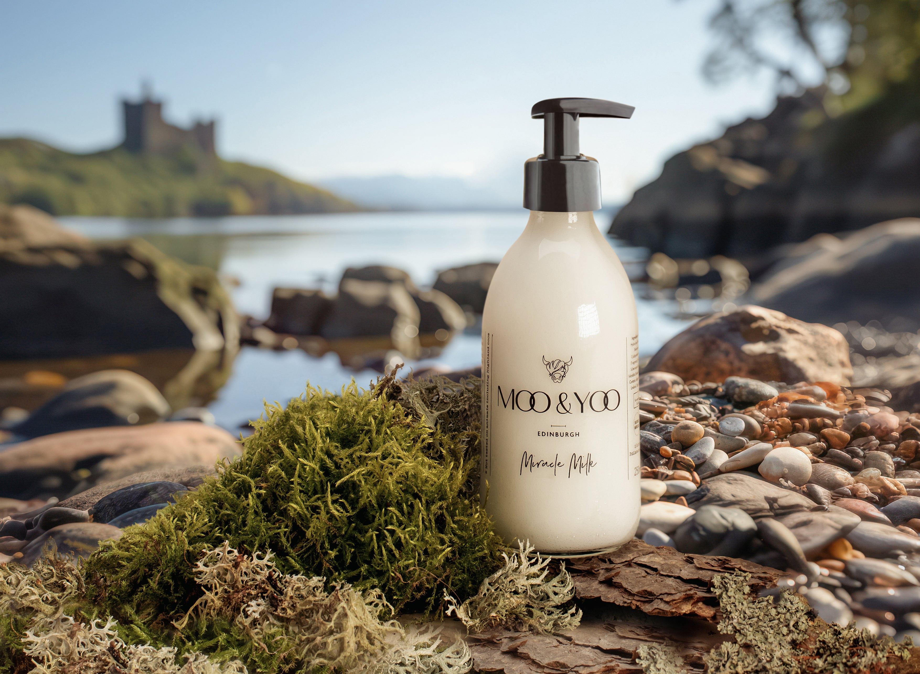 Miracle milk in a glass bottle with a loch and a scottish castle in the background