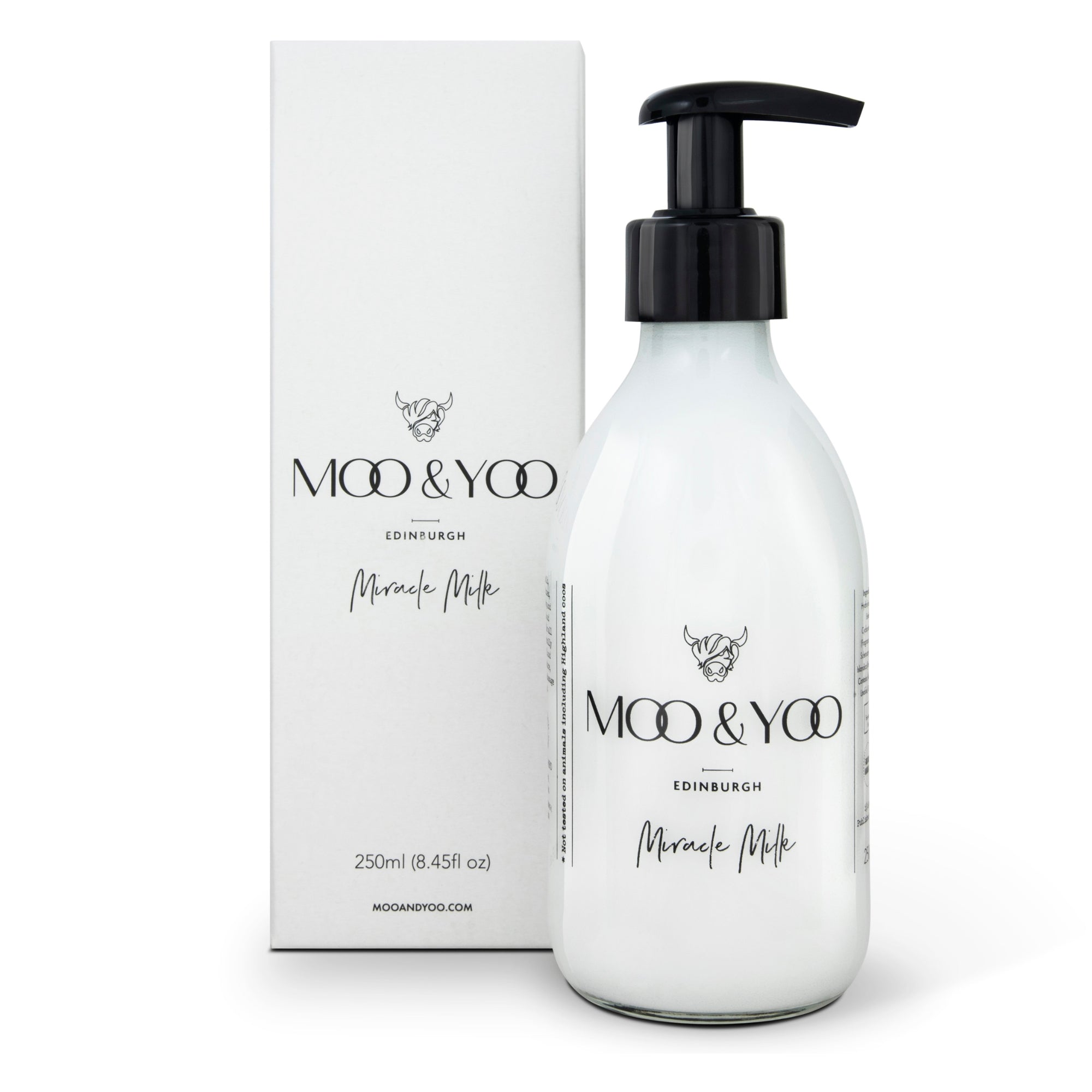 A pump bottle of MOO & YOO Miracle Milk leave-in conditioner and heat protection, displayed alongside its packaging box.