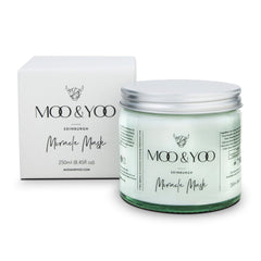 A jar and box of MOO & YOO Edinburgh Miracle Mask hair product, with labels in green and white colors.