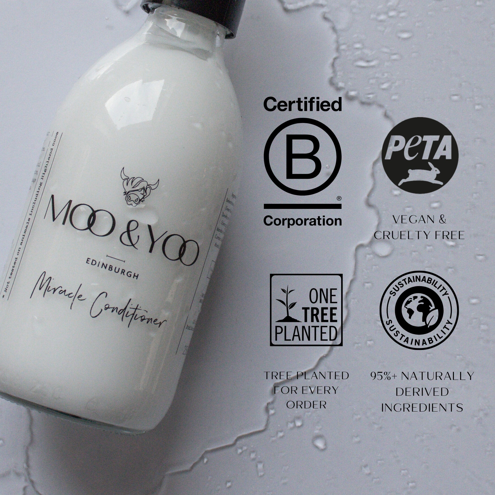 Bottle of Moo & Yoo Miracle Conditioner with certification logos on a gray background