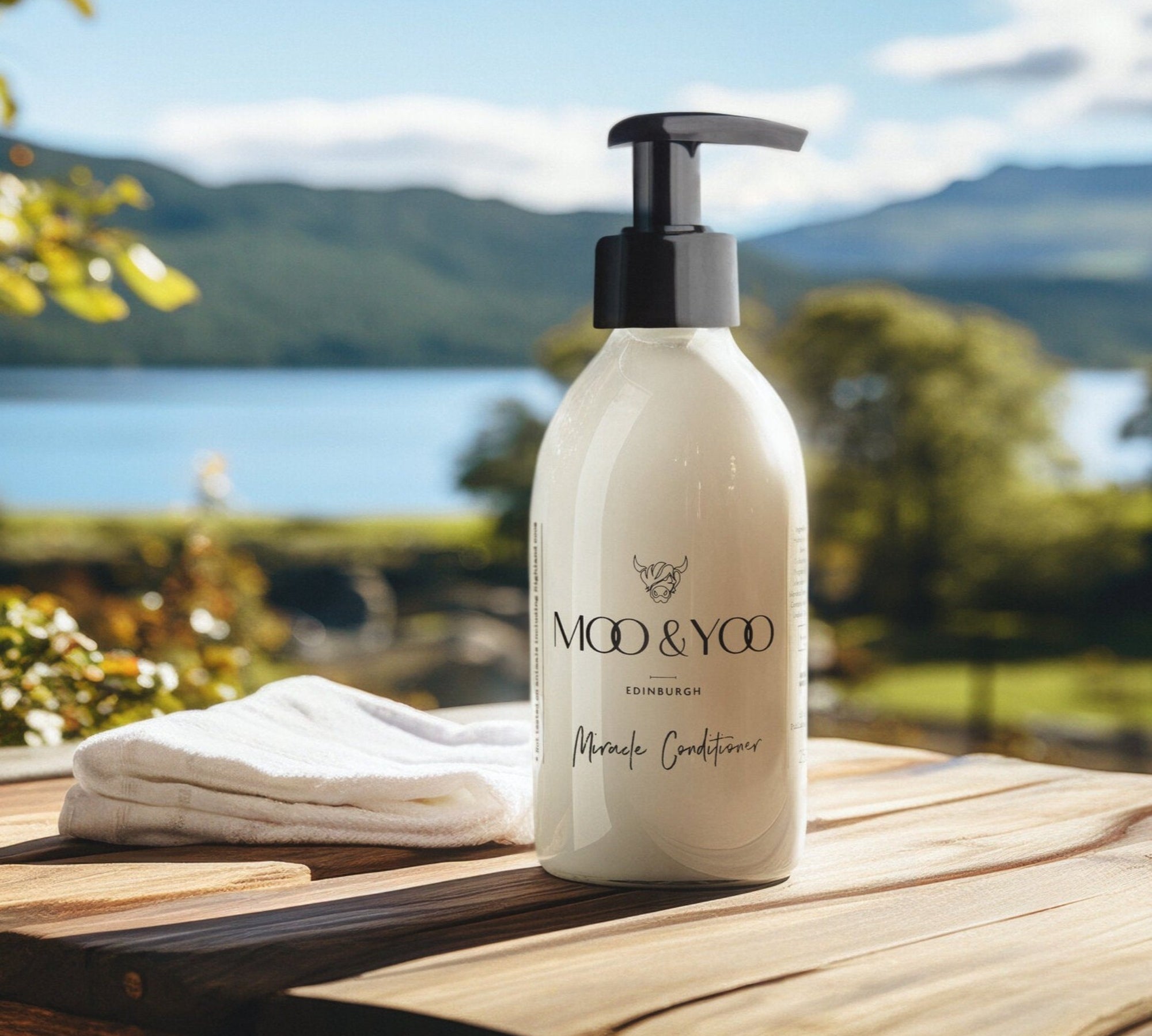A close up image of a glass bottle of Moo and Yoo Miracle conditioner with a pump. It is placed on a bench overlooking a Scottish loch. There is a small towel to the side. It’s a sunny day with some cloud.