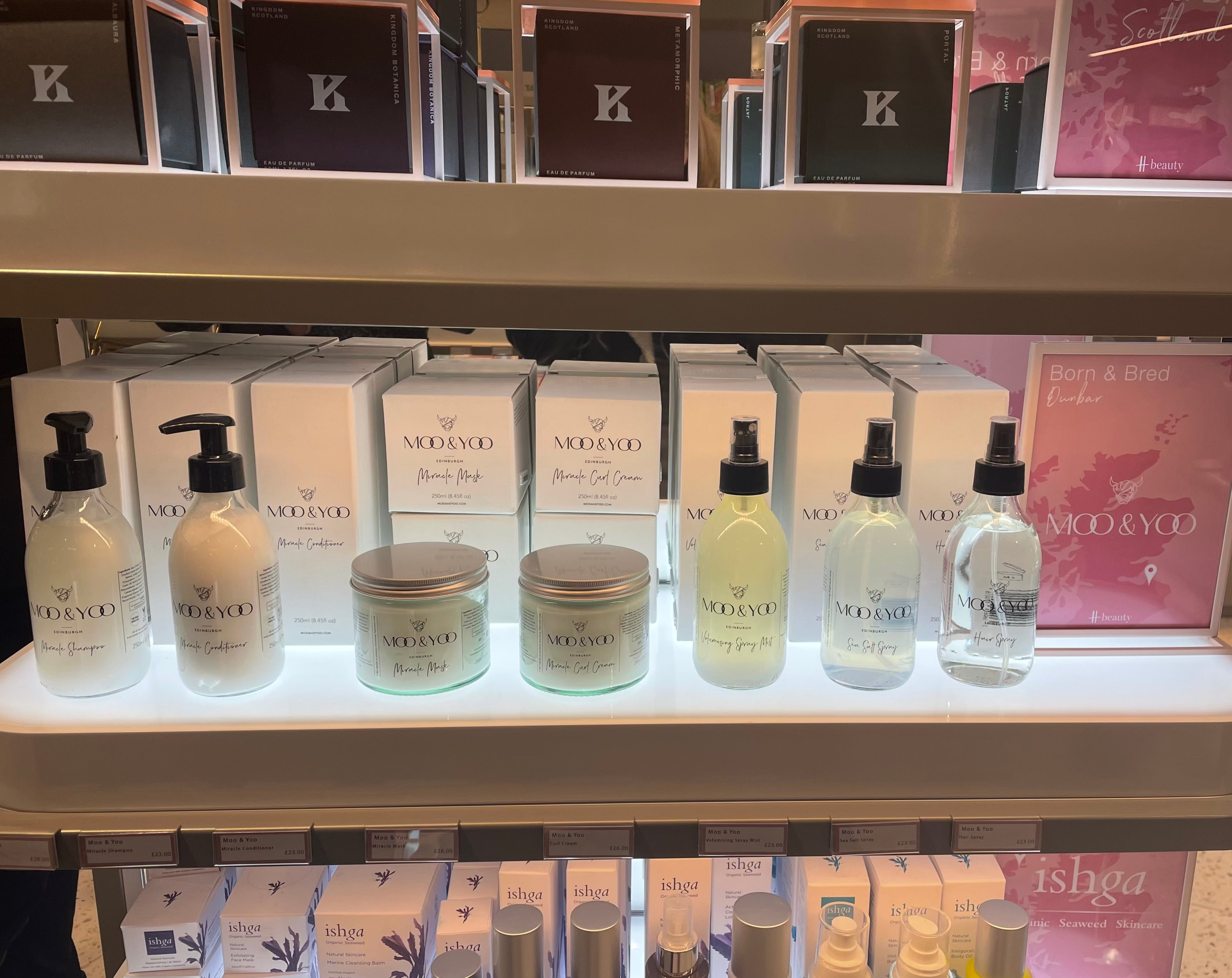 shelf of moo and yoo hair range on a shelf in the h beauty harrods store