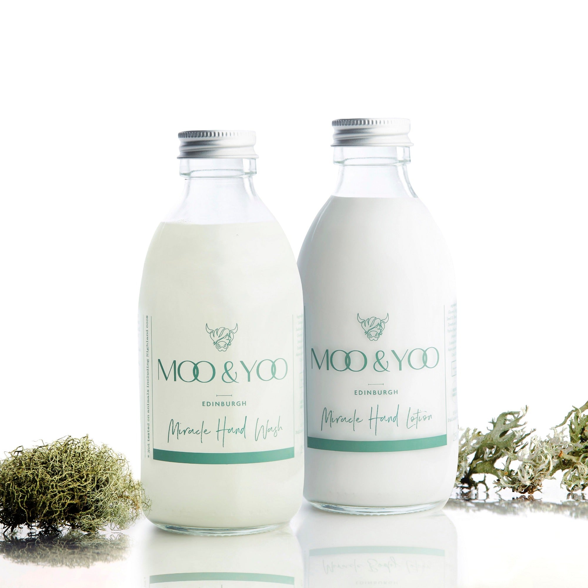 Two bottles of Miracle Hand Wash and Miracle Hand Lotion sitting side by side on a white background with a sprig of moss on each side.