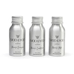 travel sized mini shampoo, conditioner and milk leave in conditioner in aluminium bottles