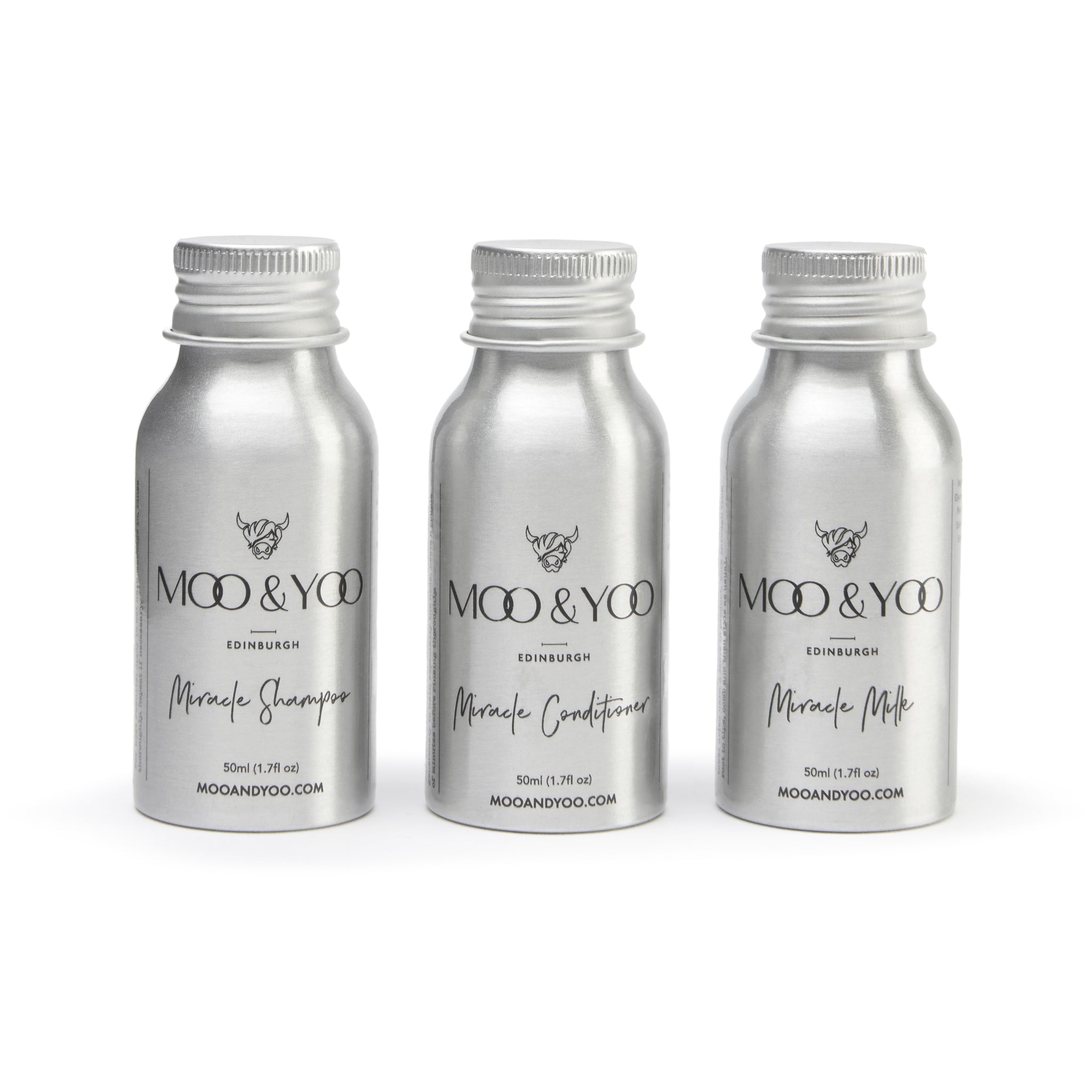 travel sized mini shampoo, conditioner and milk leave in conditioner in aluminium bottles