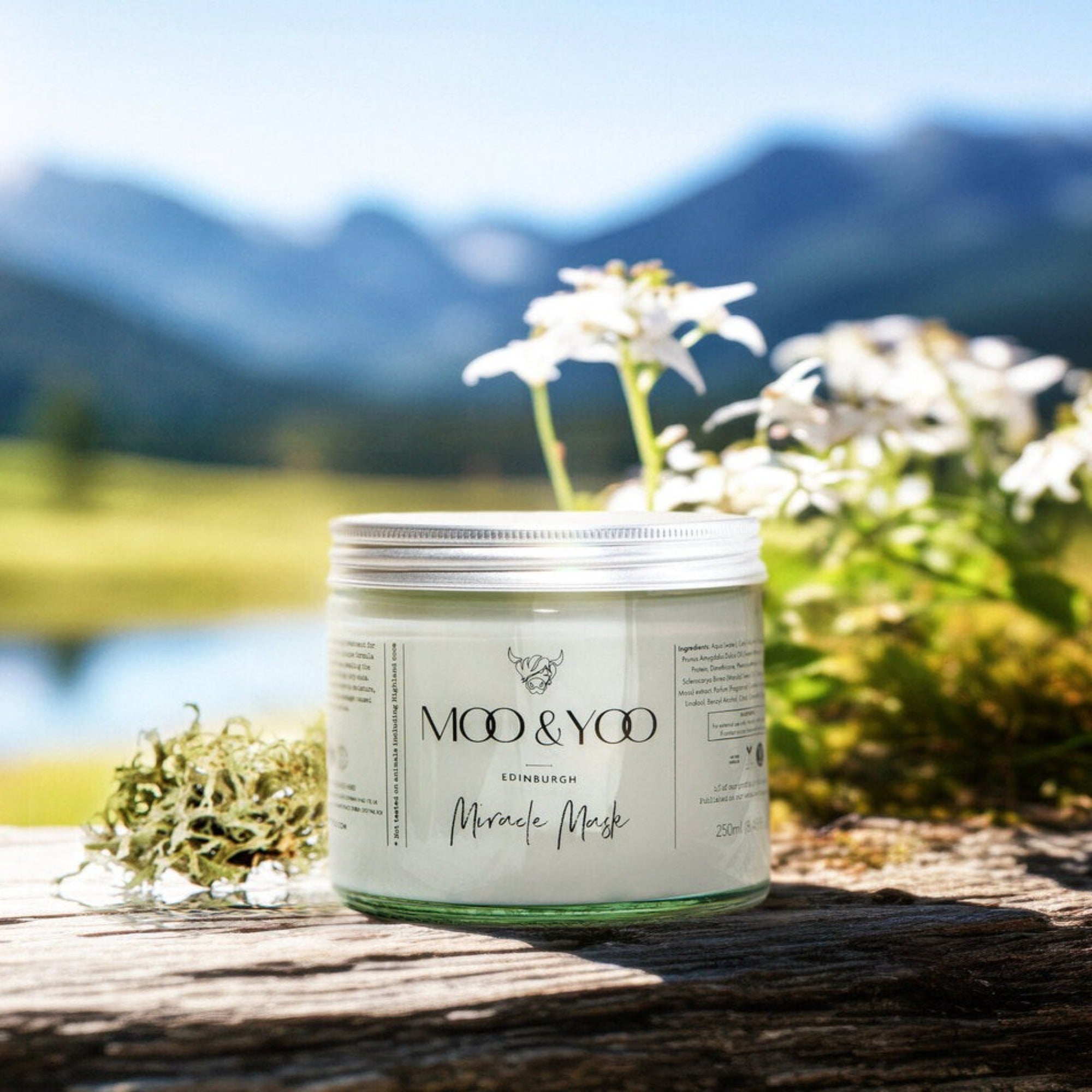 A glass jar of Moo and Yoo Miracle Mask with an aluminium lid. It is placed on a rustic wooden bench overlooking a Scottish Loch and hills.  It is a spring day and there are white spring flowers behind it.