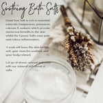 Jar of bath salts on a bath cady with a bunch of lavender and text about their benefits