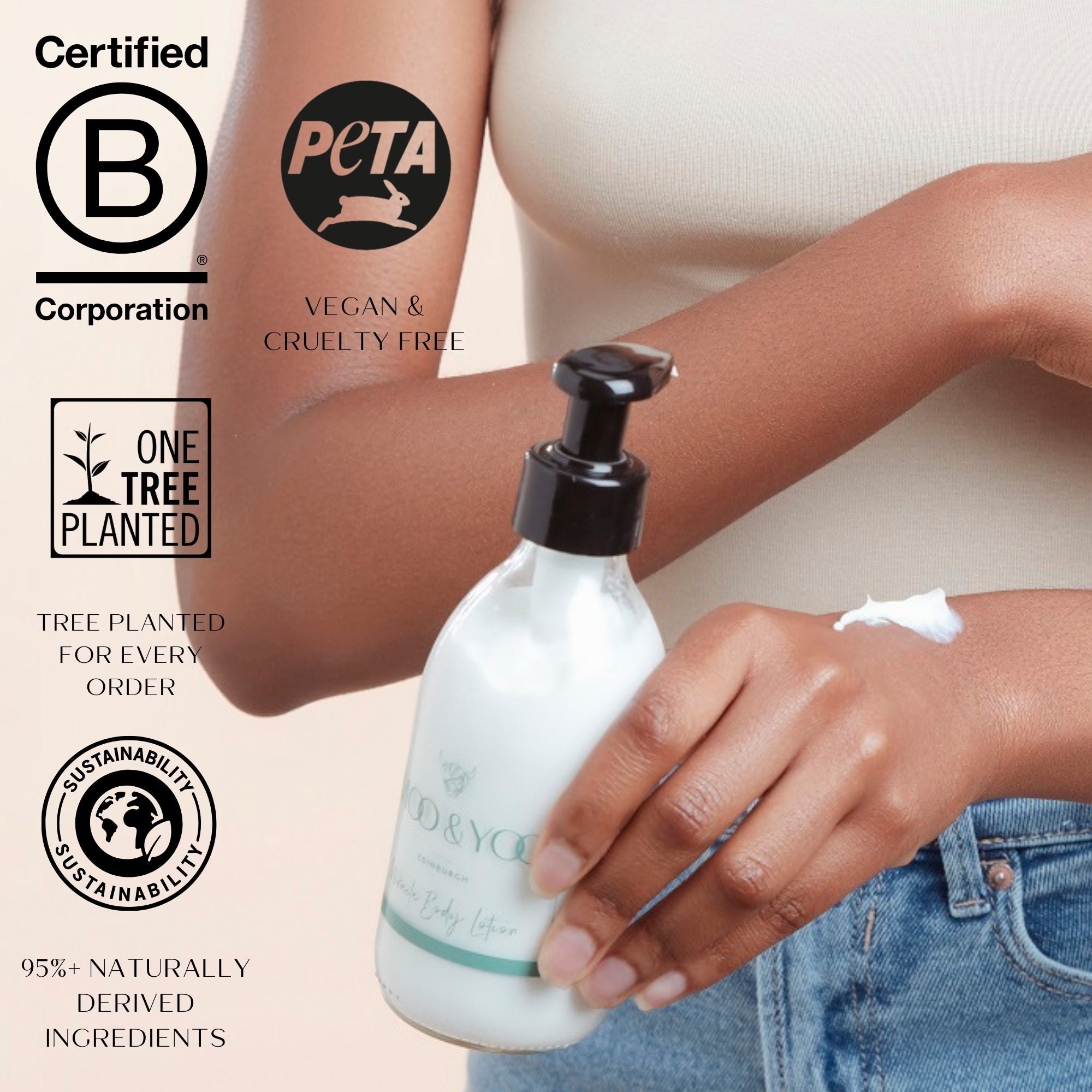 Person applying body lotion with a bottle labeled 'Moo & Yoo' on a light background, featuring sustainability logos.