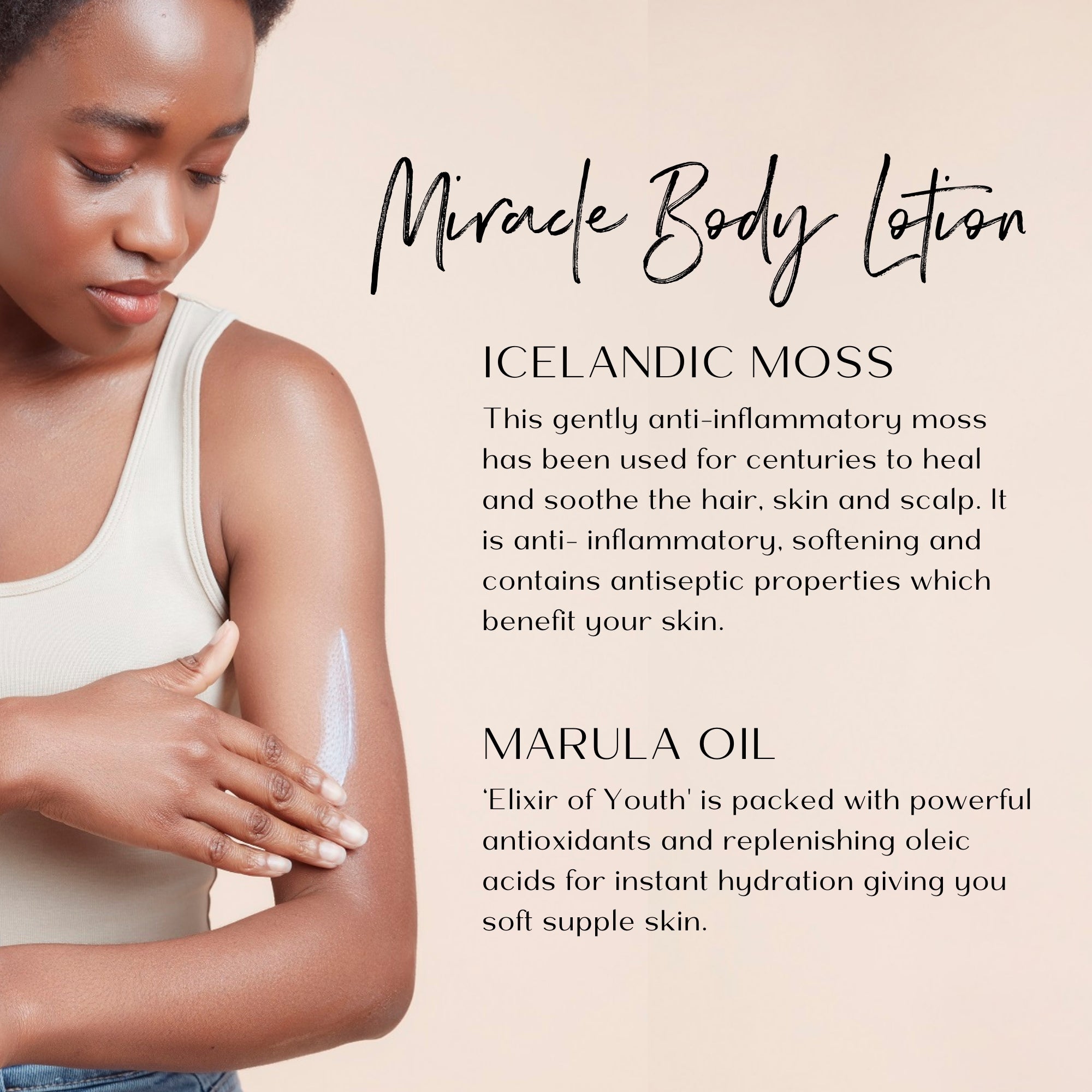 Woman applying lotion to her arm with ingredient profile text on a beige background