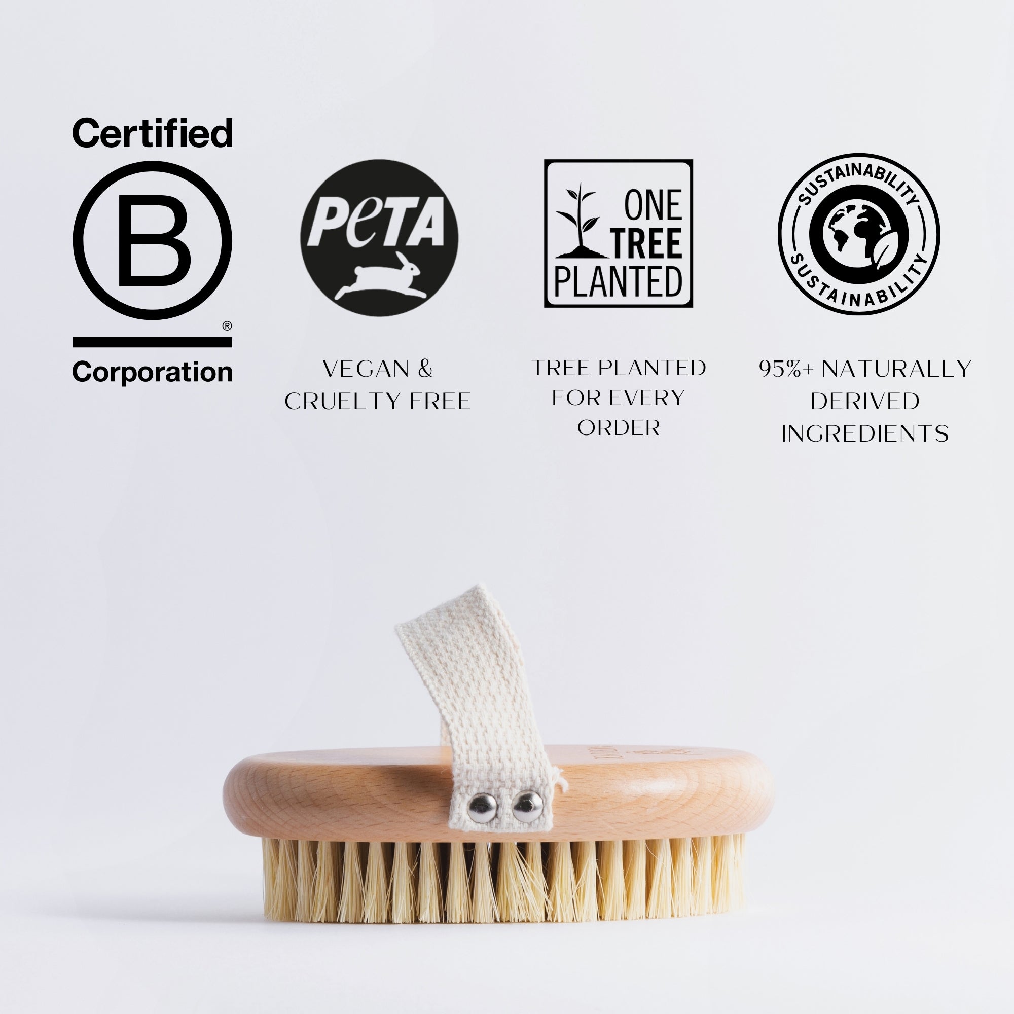 body brush with certification logos on a light gray background