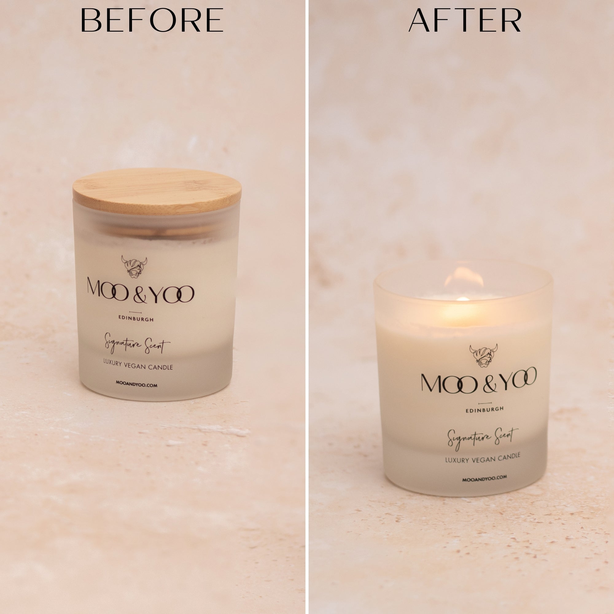 Before and after comparison of a candle labeled 'MOO & YOO' on a neutral background.