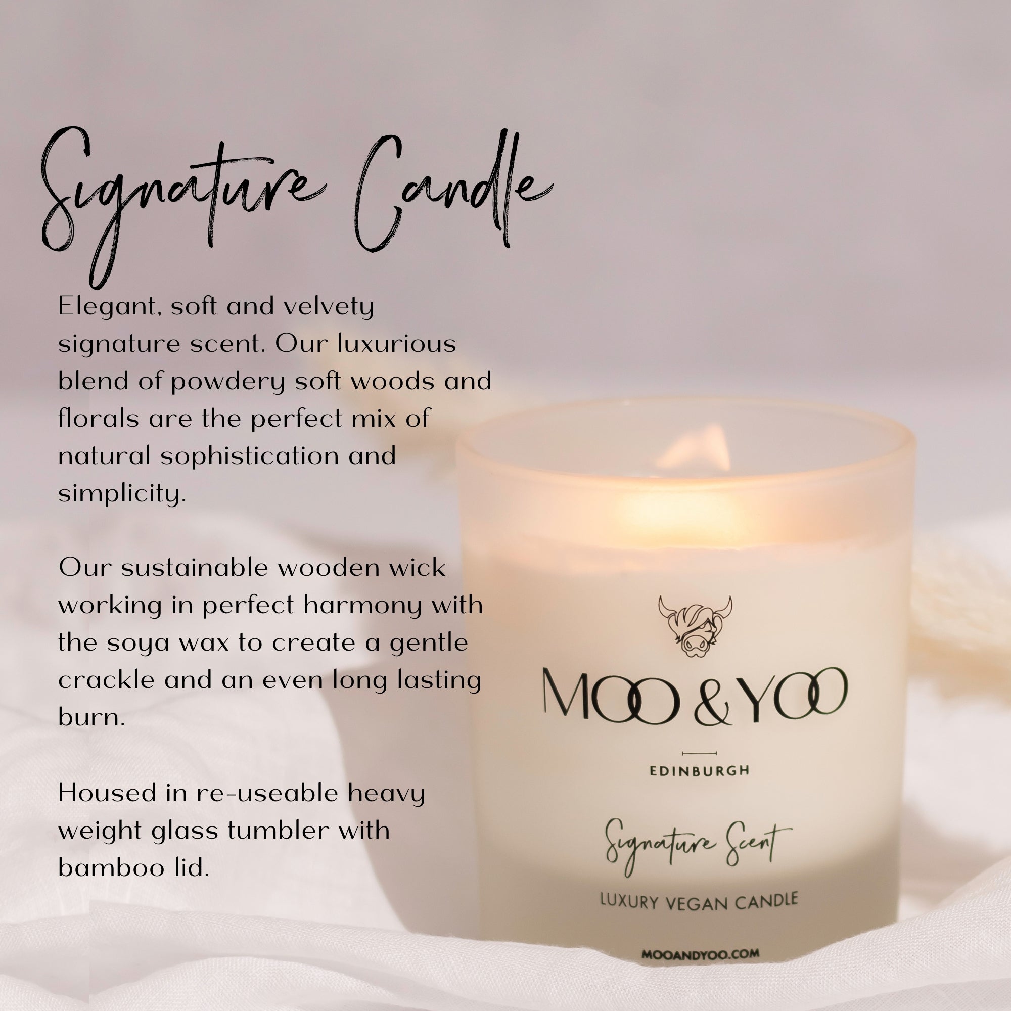 Moo & Yoo candle with product description on a light background