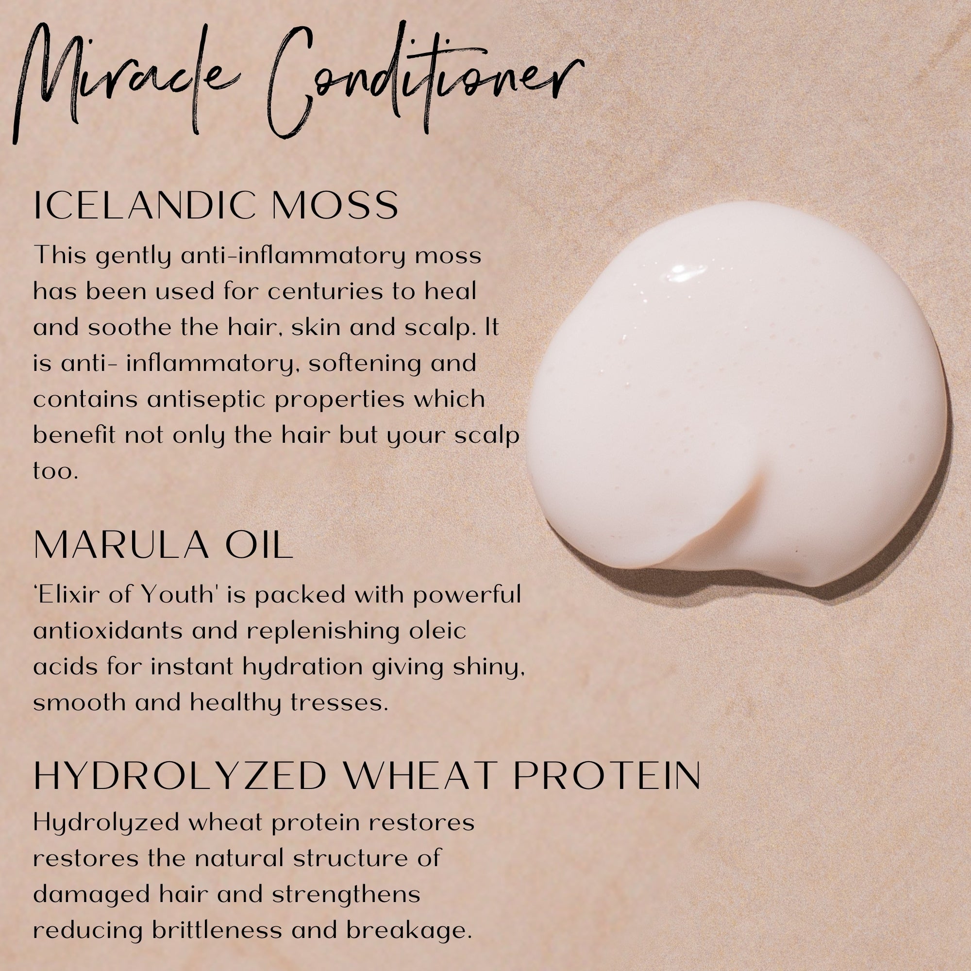Product ingredient description with the conditioner cream on a beige background.
