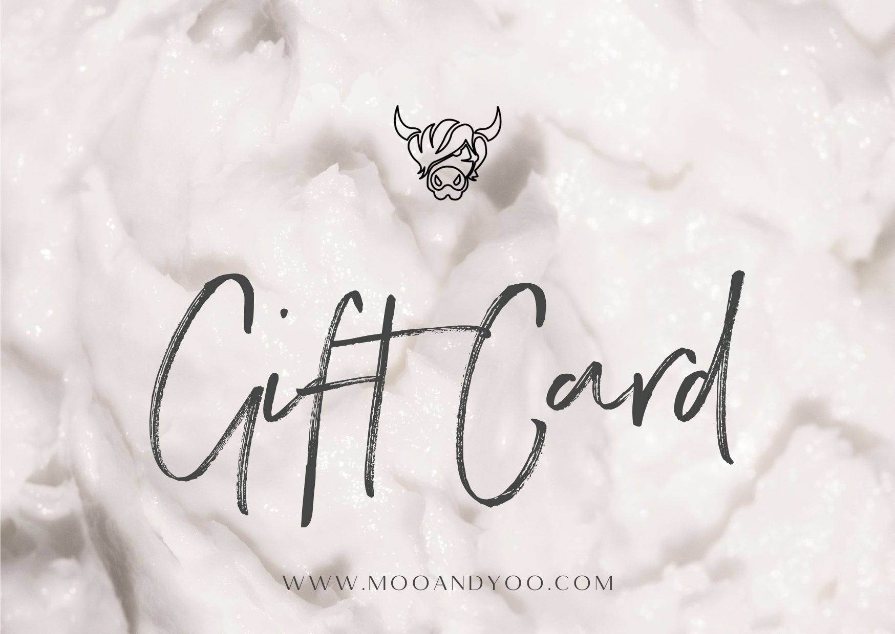 moo & yoo virtual gift card with textured product background, cow logo, gift card text and website address
