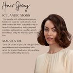 Woman with short brunette wave styled hair on a beige background with our ingredients profile