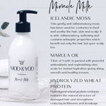 Bottle of 'Moo & Yoo' Miracle Milk with product ingredient details on a white background