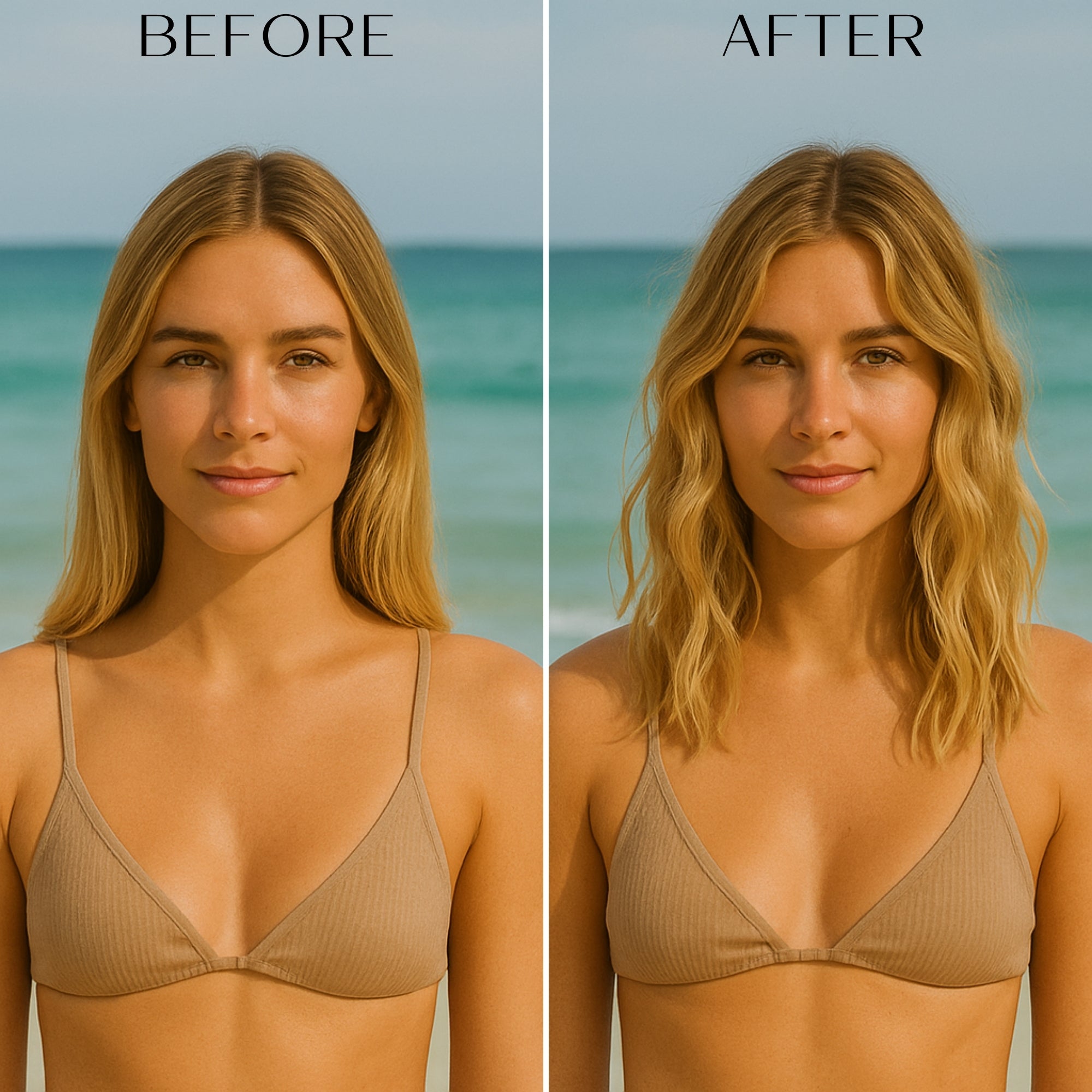 Before and after comparison of a woman before using sea salt spray on her hair and after against a beach background.
