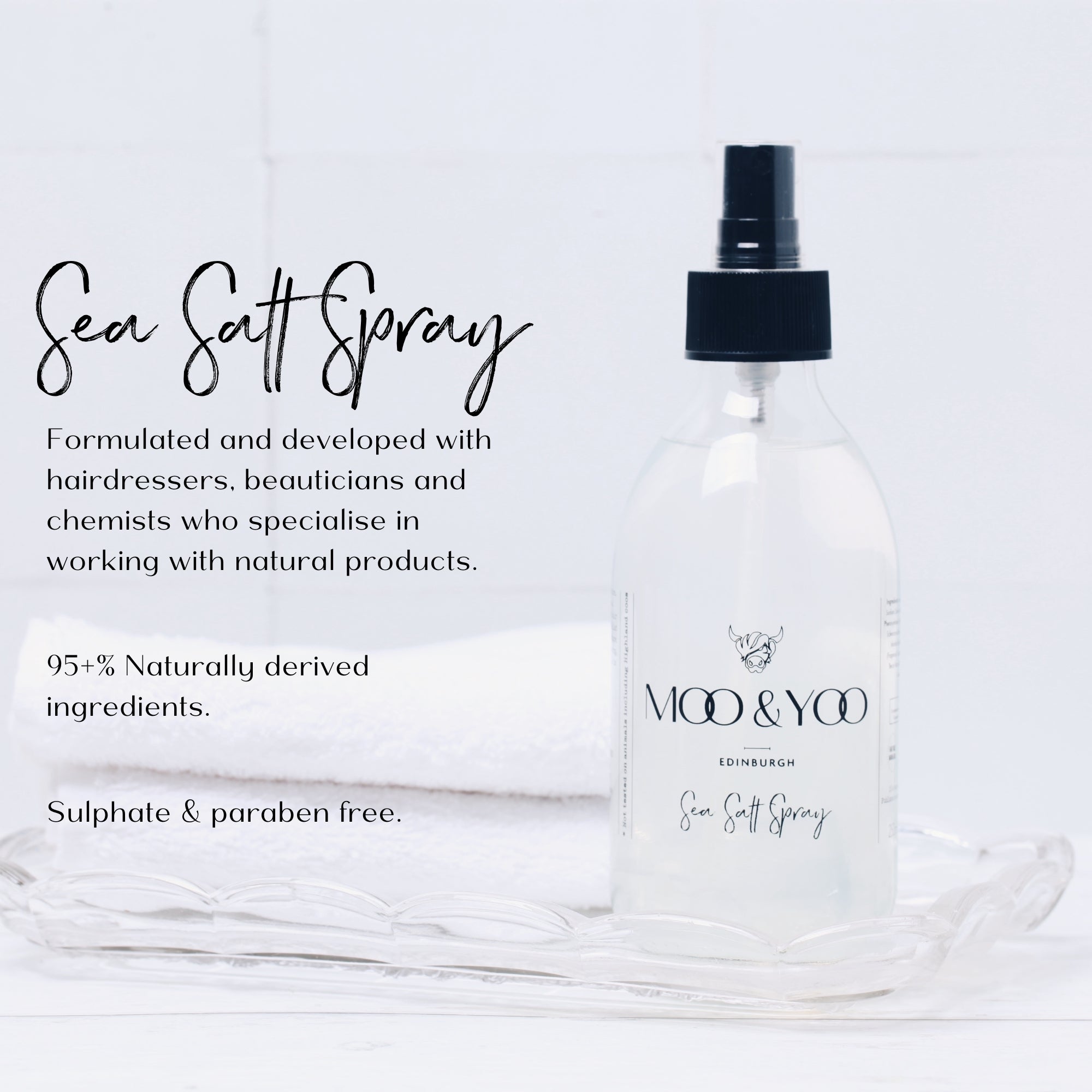 Sea Salt Spray bottle with text about product on a white background