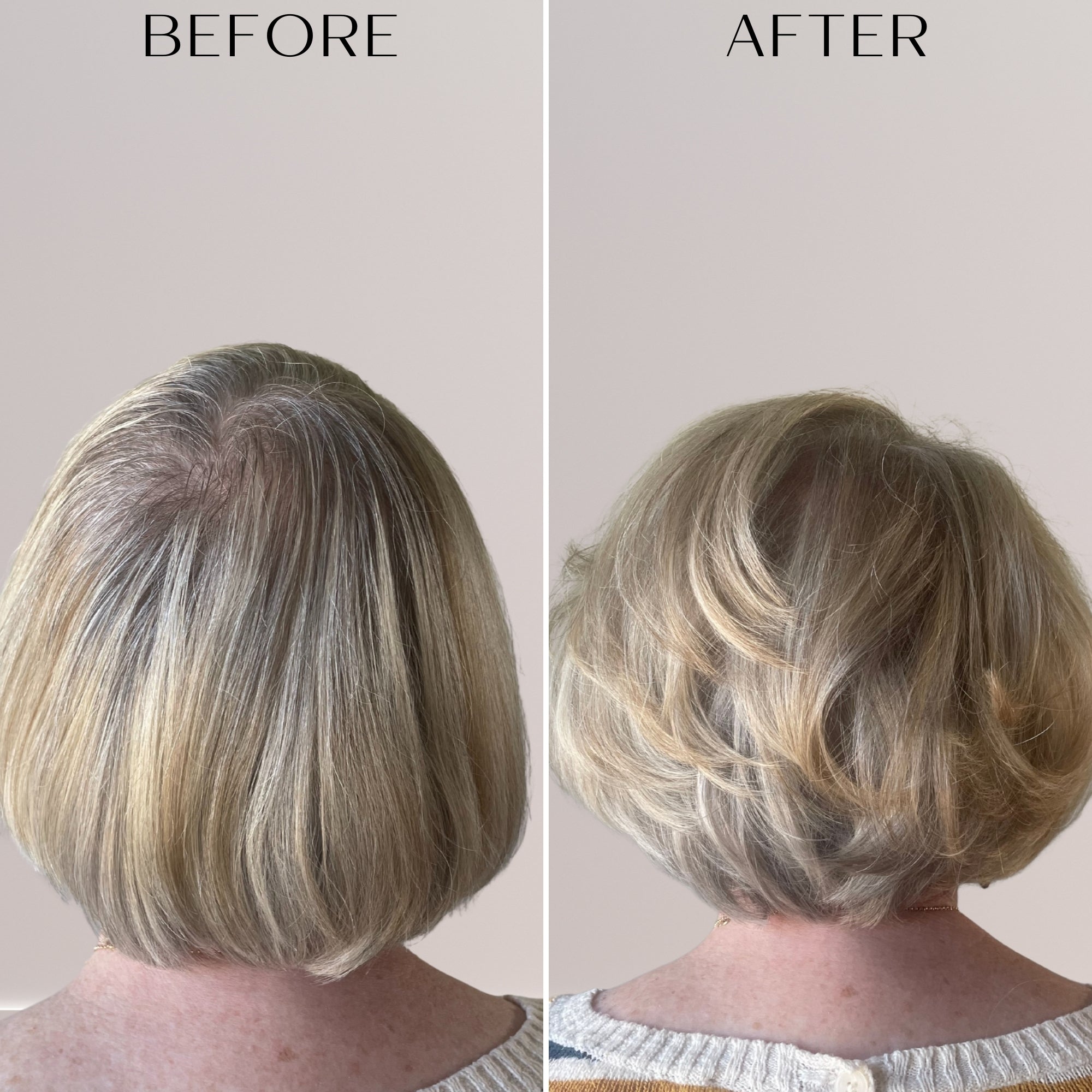 Before and after comparison of hair using volumising spray mist with a plain background