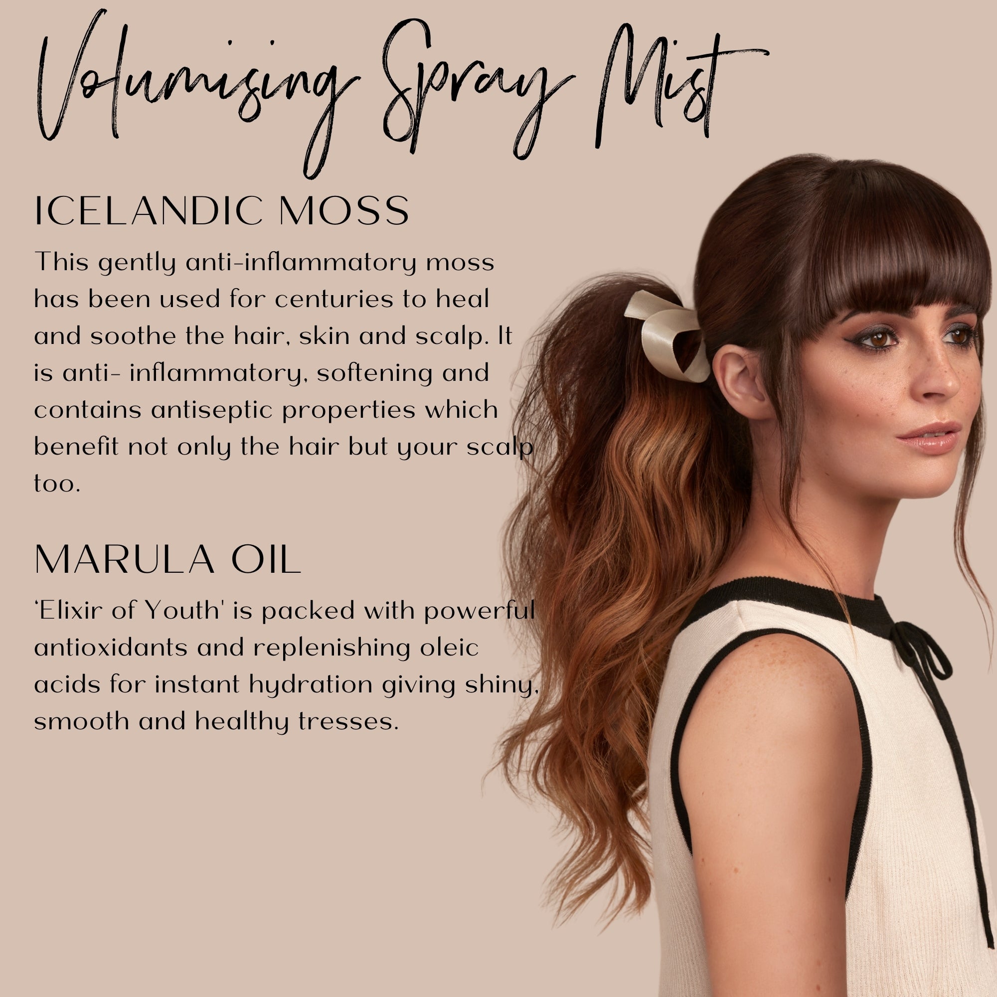 Woman with styled hair in a voluminous ponytail featuring ingredient profile text on a beige background