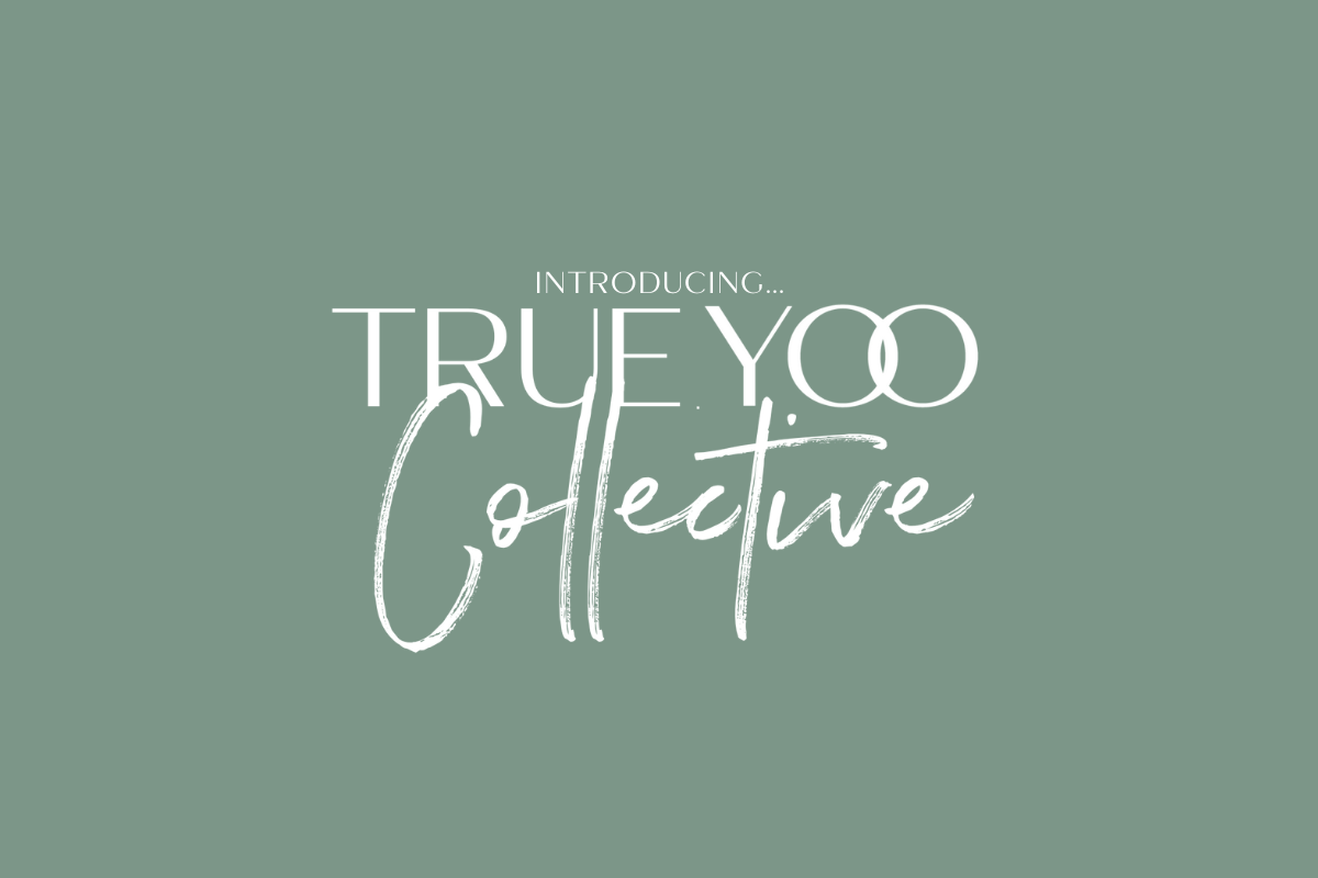 This image shows a plain turquoise background with the writing 'Introducing True Yoo Collective' on it.