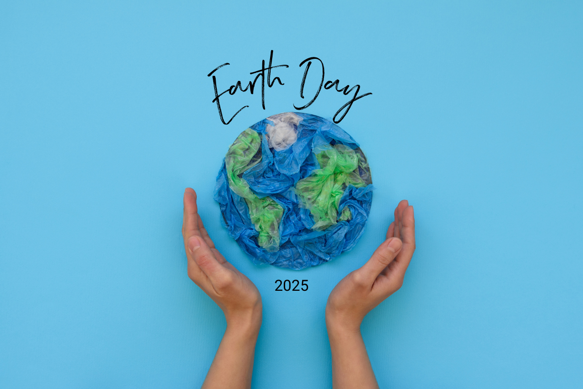 This image shows two hands clasped around an Earth made out of plastic bags. The background is blue and the words ' Earth Day 2025' are positioned above and below the Earth.