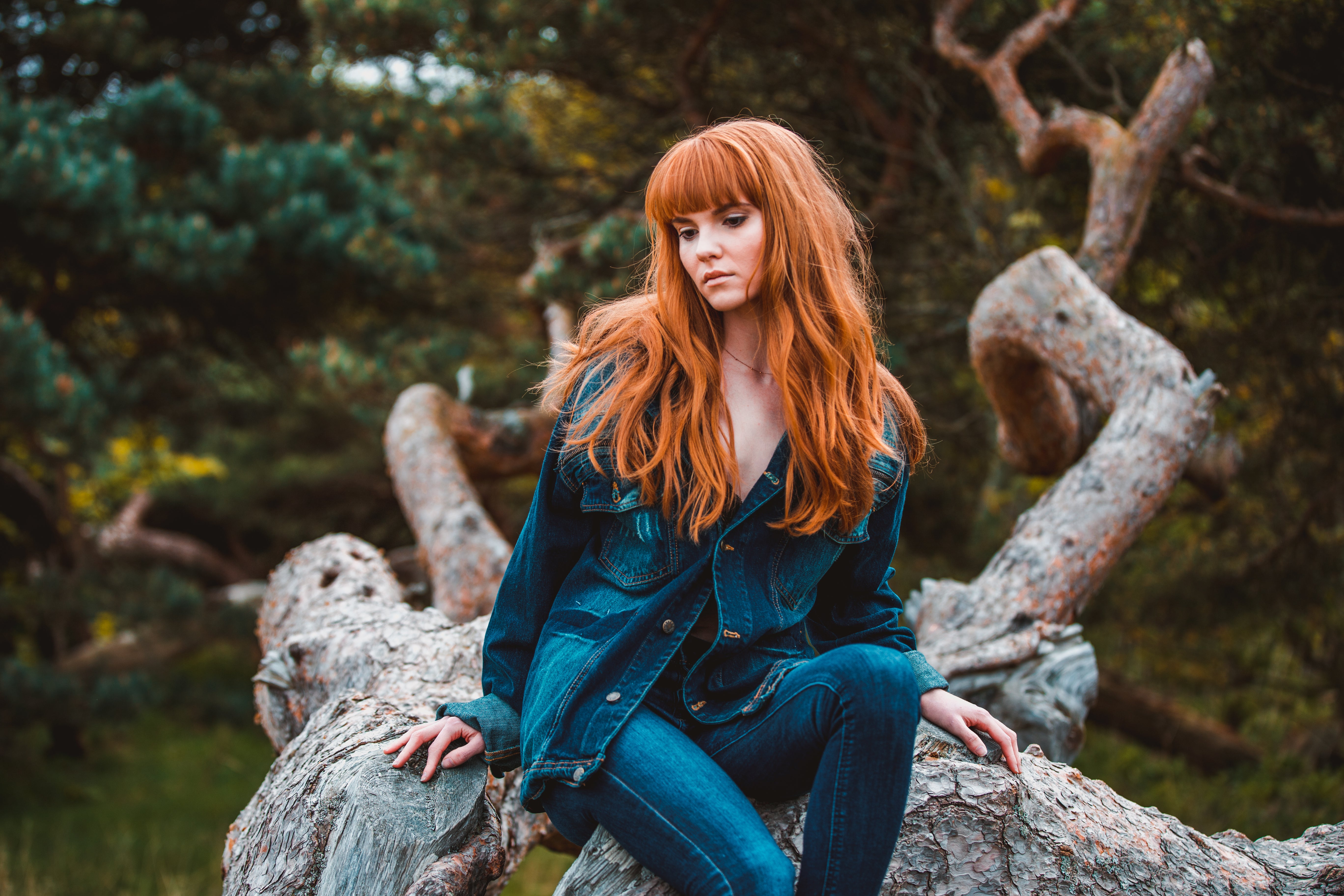 A female model with ginger wavy hair and a fringe is sitting on a tree in a forest. She has a neutral expression on her face and is looking slightly to her right. She is wearing a blue shirt and blue jeans.