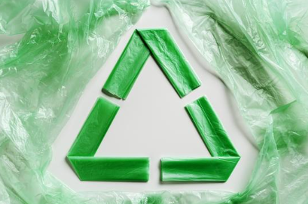This image shows a reduce, reuse, recycle sign made out of green plastic bags.