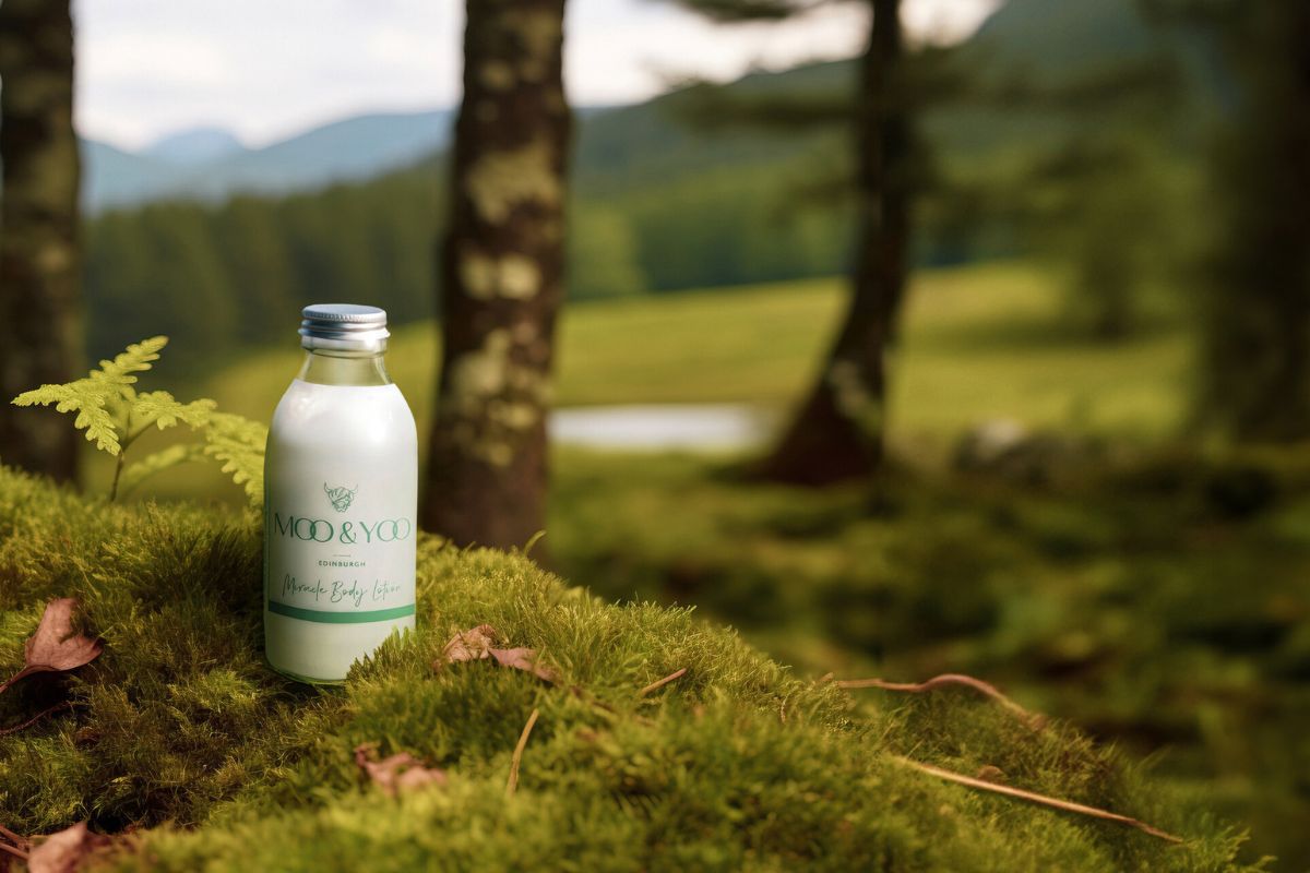 This image shows a miracle body lotion in the forest sitting on some moss.