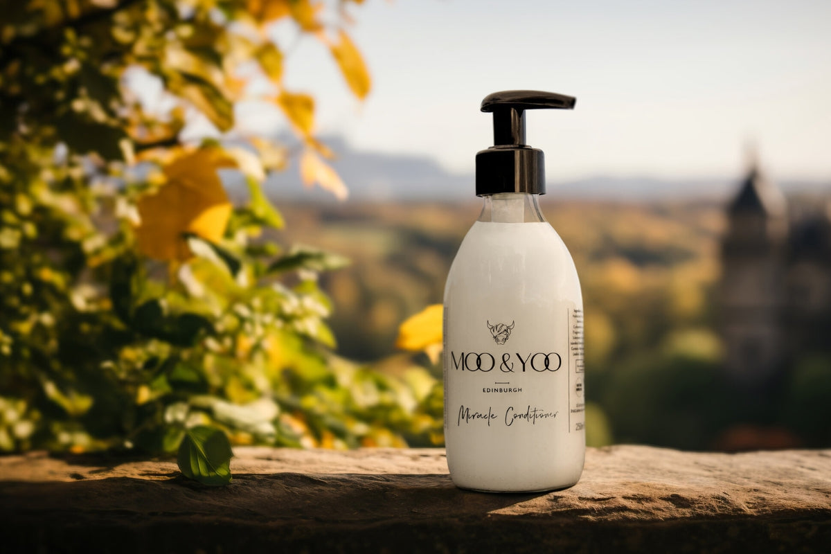 miracle conditioner in glass bottle on asone wall overlooking the country autumn landscape with a tree on the left in amber colours 
