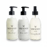 three Moo & Yoo products housed in glass bottles ined up horizontally, consisting of our Miracle Shampoo, Miracle Conditioner and Volumising Spray Mist against a white background. This bundle is designed for fine or flat hair 