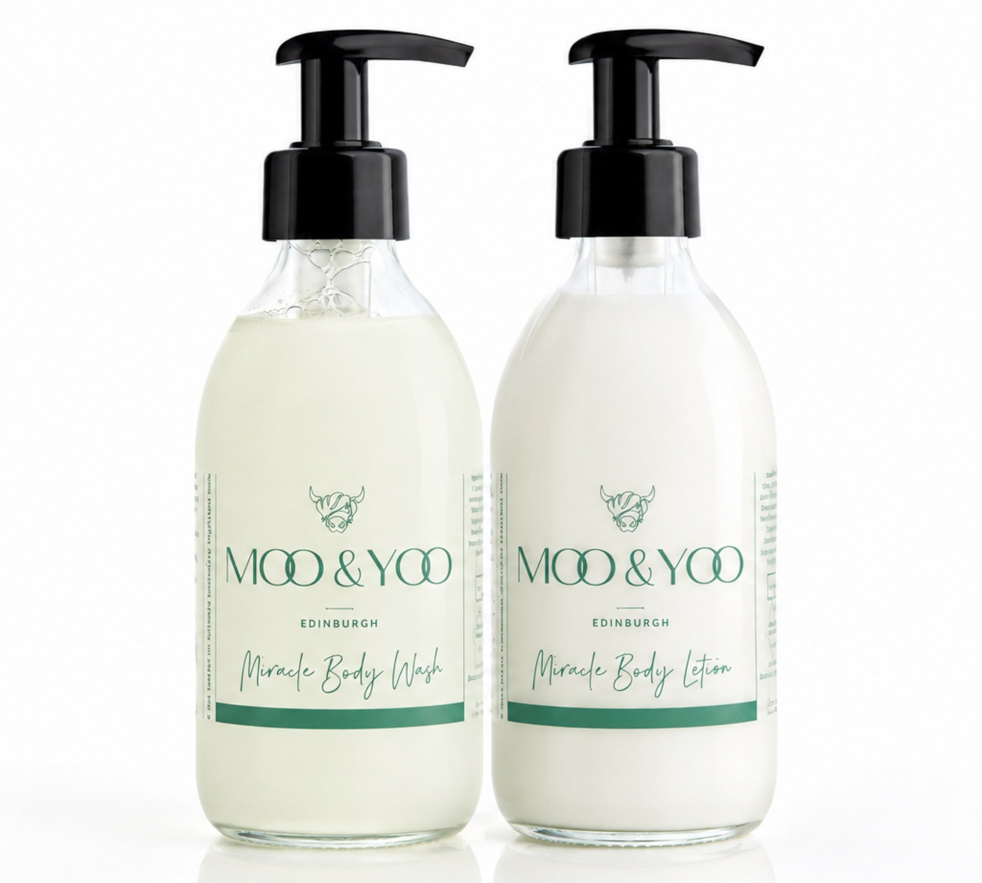 Two pump bottles of Moo & Yoo Miracle Body Wash and Miracle Body Lotion side by side on a white background.
