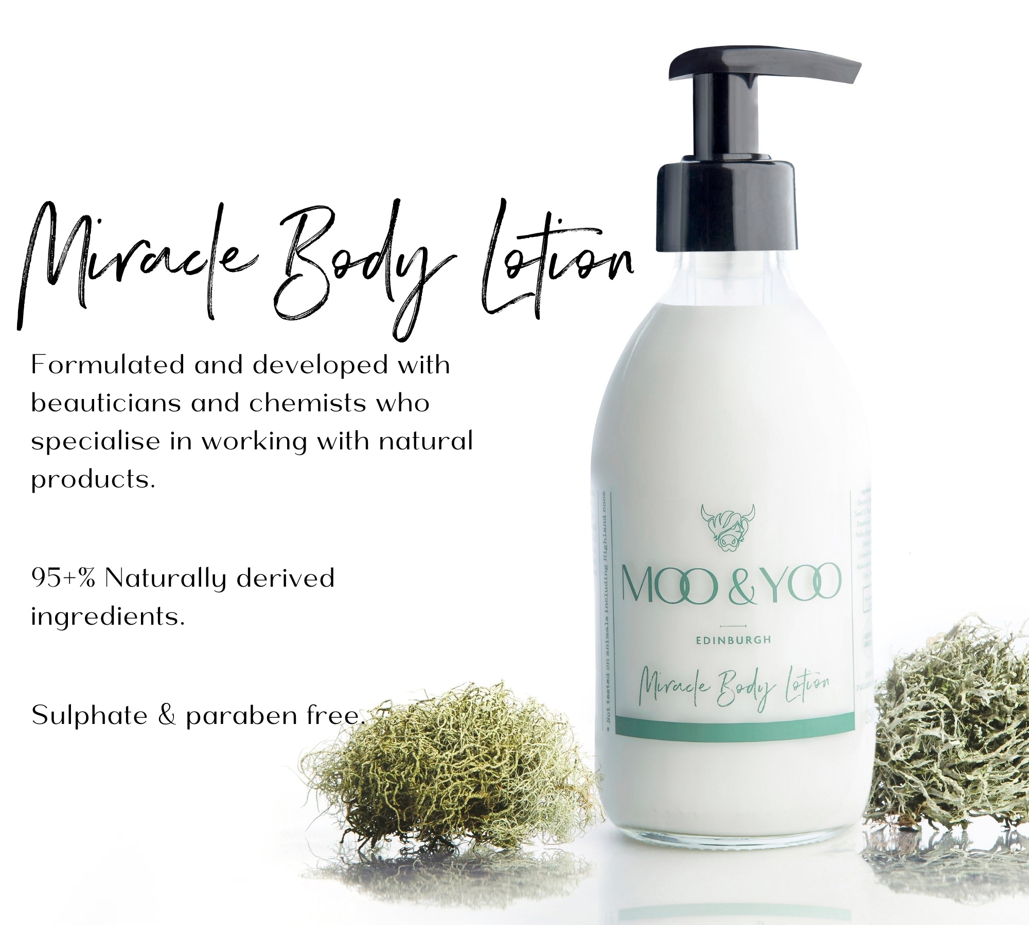 Bottle of Moo & Yoo Miracle Body Lotion with product description on a white background
