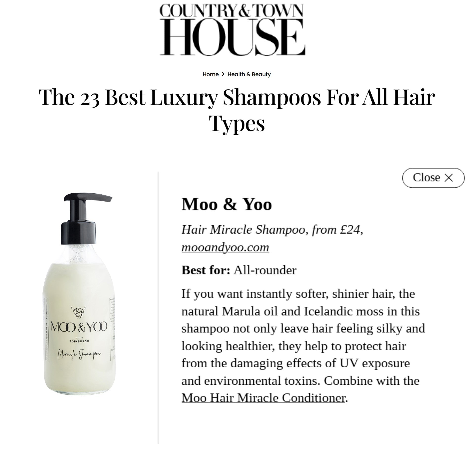 Moo & Yoo shampoo bottle with product description on Country & Town House website
