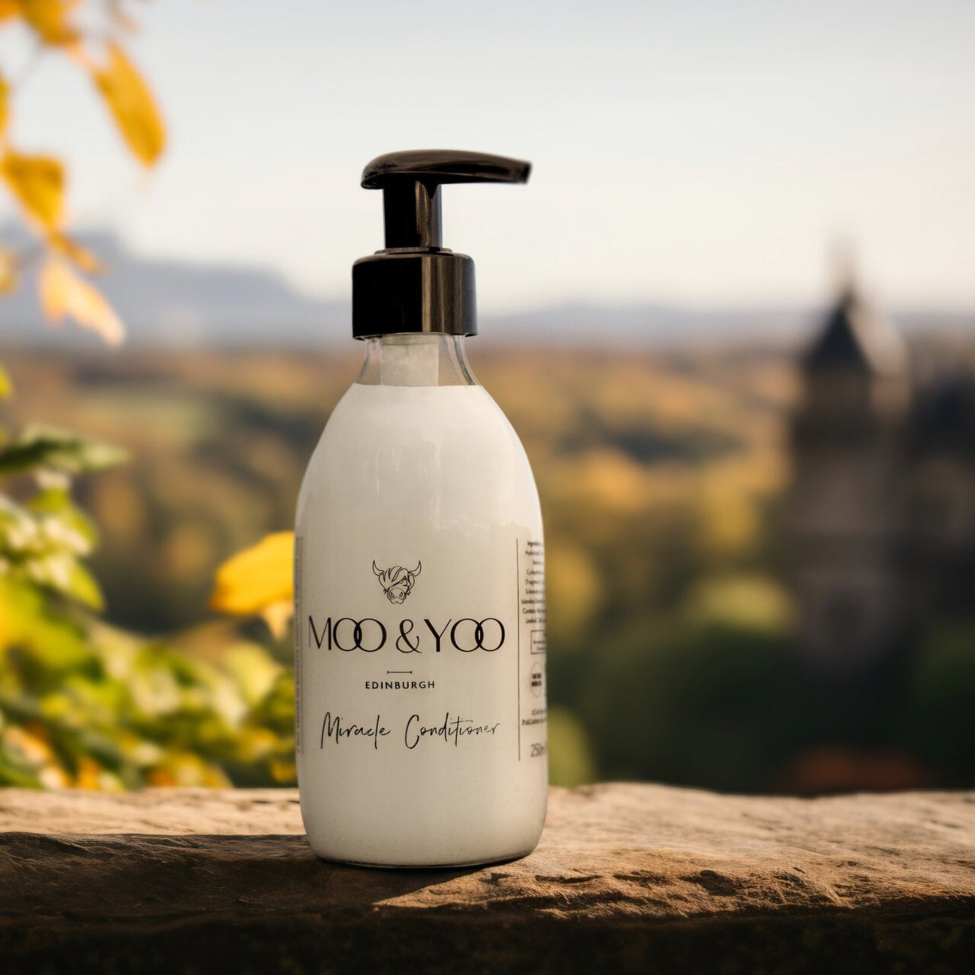 A close up image of a glass bottle of Moo and Yoo Miracle conditioner with a pump. It is placed on a stone wall overlooking the city of Edinburgh. Its autumn as the leaves are turning away from green and towards their autumnal colours