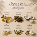 A beige promotional graphic for a moo & Yoo curl cream showing all the ingredients like Marula Oil, Icelandic Moss, Coconut Oil, Wheat protein, Olive fruit and She Butter, featuring the headline 'Powered by nature. Perfected by professionals.