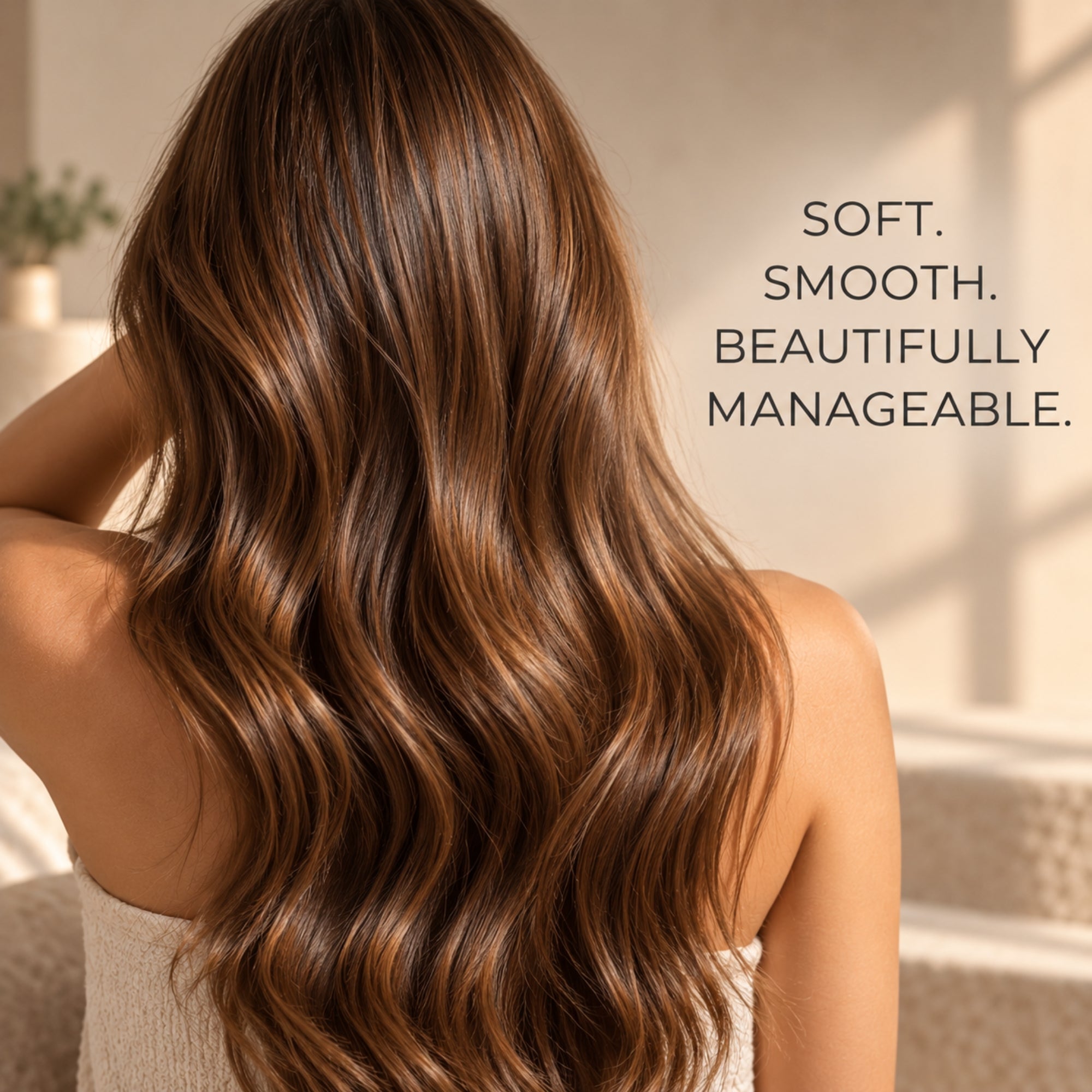 A woman shown from the back with long, wavy brown hair and subtle warm highlights. Text on the right reads, 'SOFT.SMOOTH< BEUTIFULLT MANAGEABLE