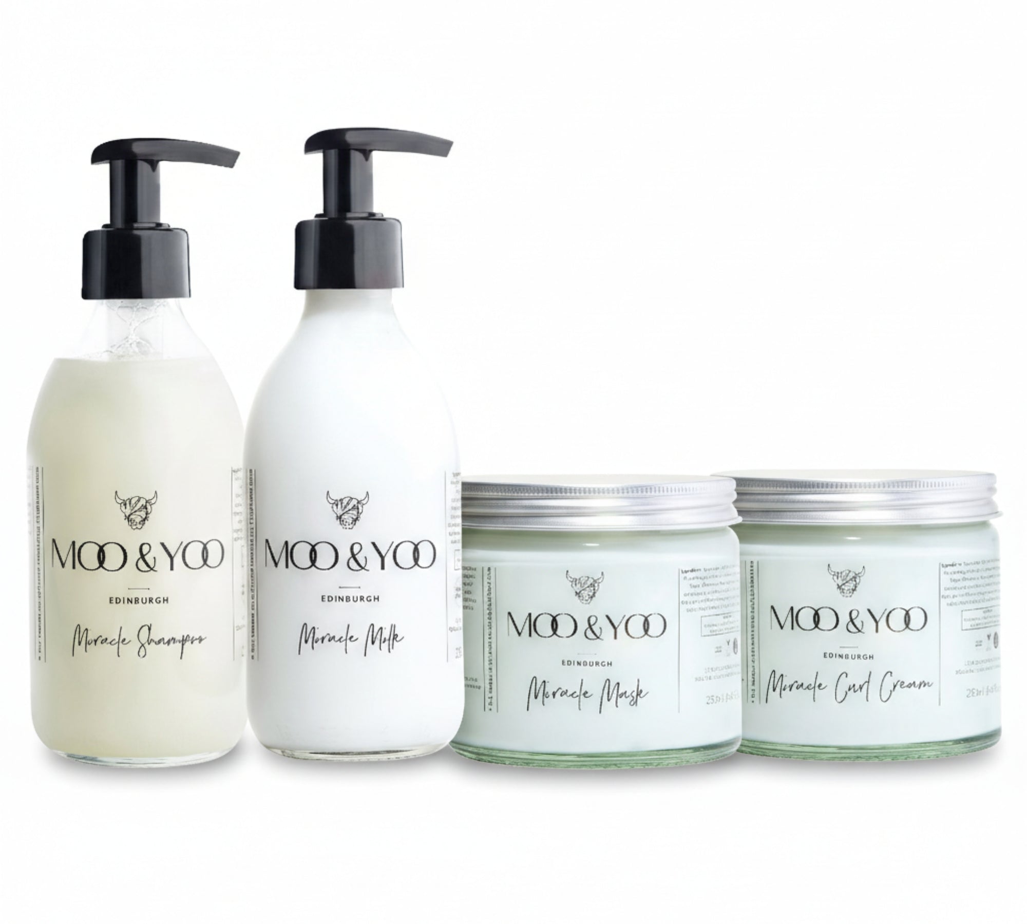 A set of four hair care products from MOO & YOO, including a shampoo, milk, mask, and curl cream, each in a 250ml container, displayed against a white background.