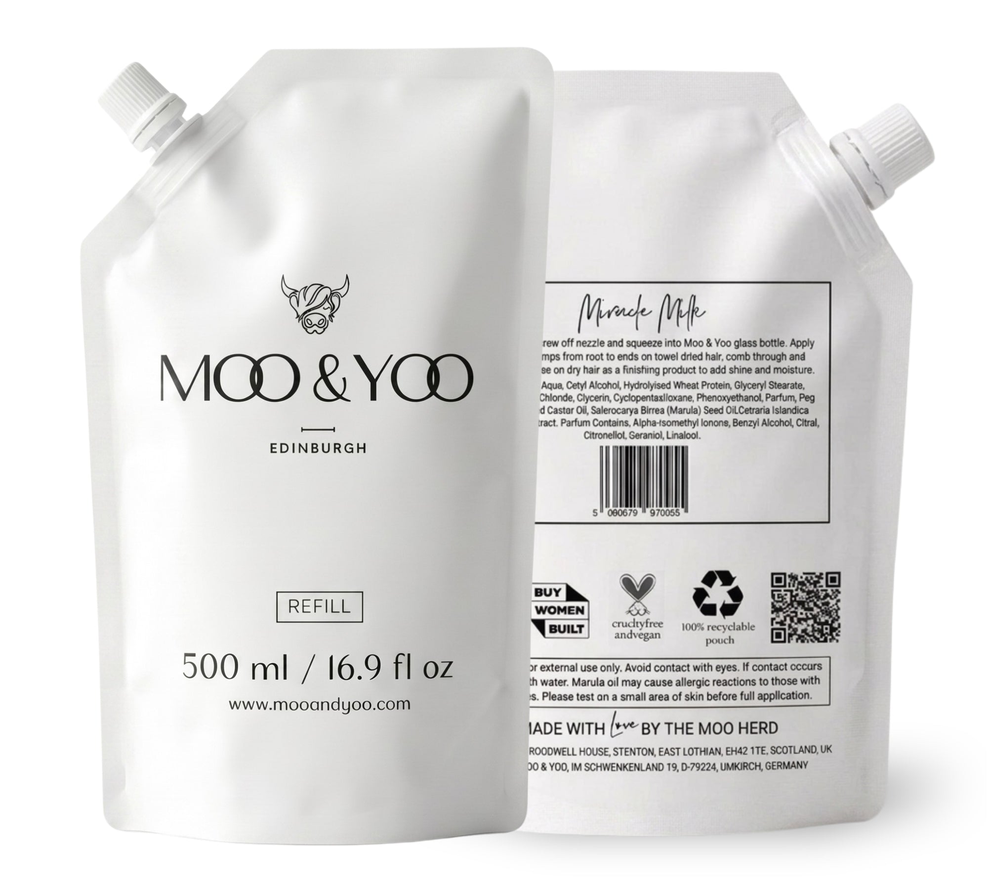 Moo & Yoo refill pouch showing the front with branding and a second pouch showing the back on the right with product details against a white background