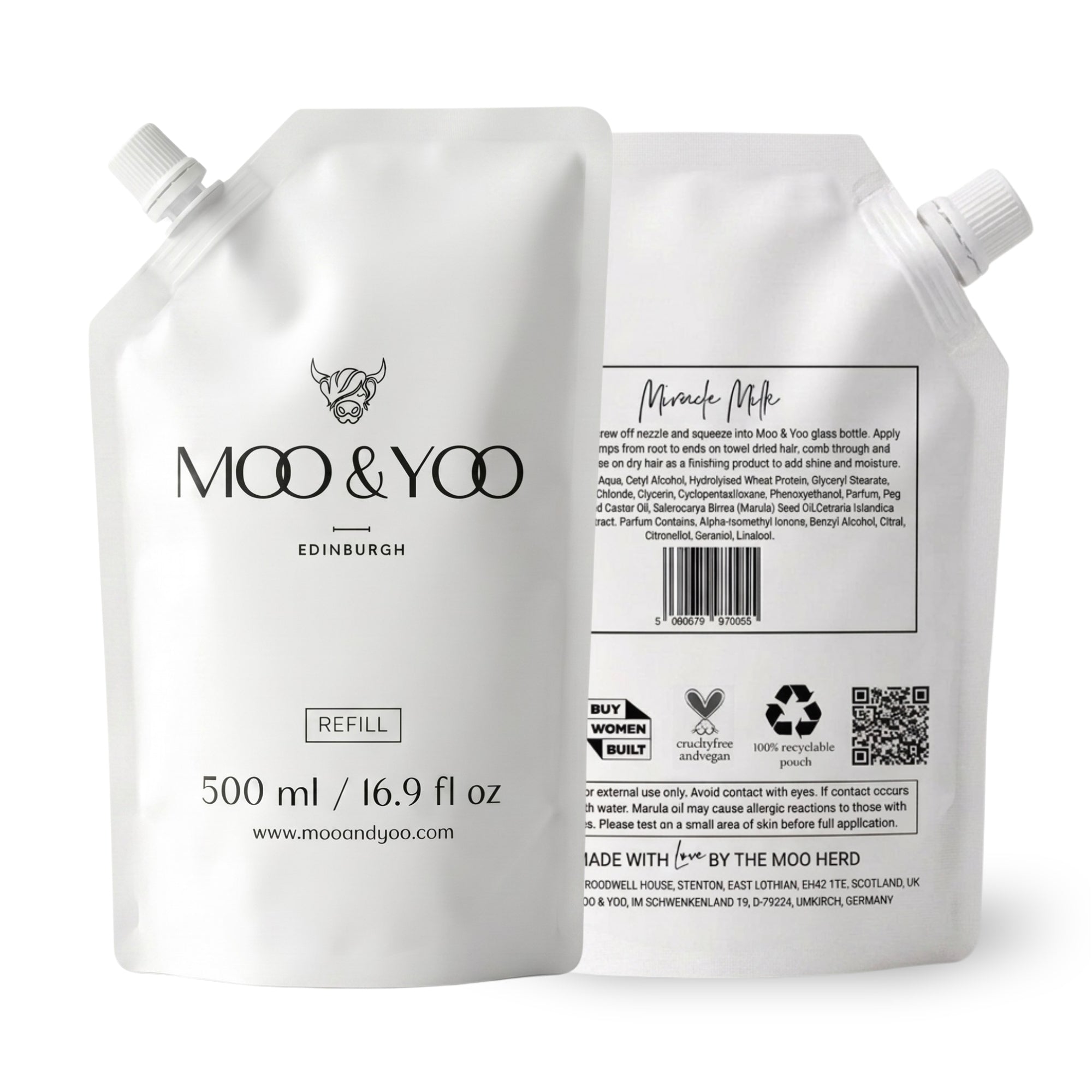 Moo & Yoo refill pouch showing the front with branding and a second pouch showing the back on the right with product details against a white background