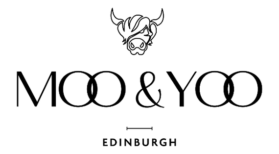 moo and yoo full logo with a cow icon above the words moo and yoo. Below is a line and then edinburgh