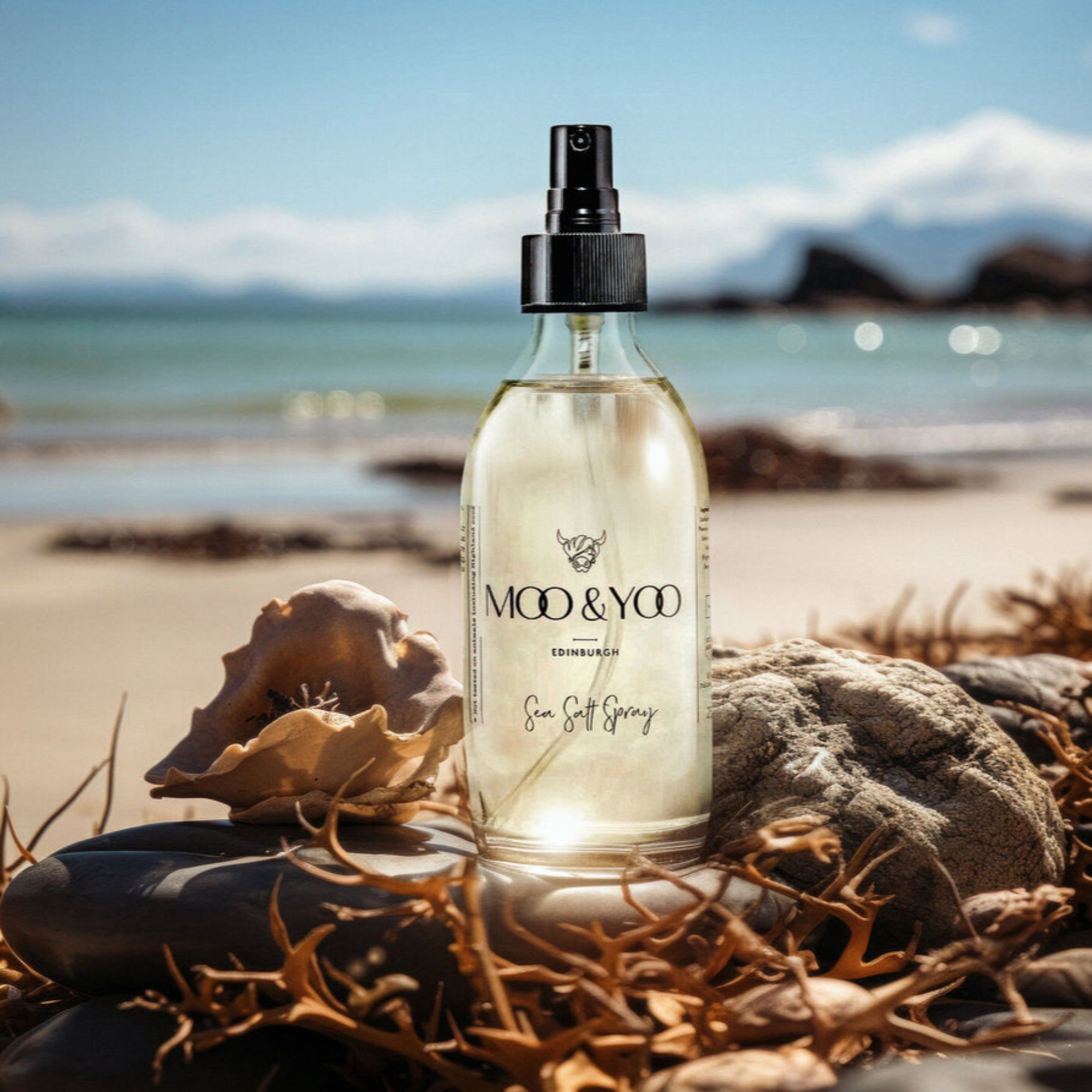 A glass bottle of Moo and Yoo Sea Salt Spray Milk sitting on rocks with some dried seaweed overlooking the  beach and sea.