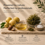 A styled product marketing graphic for a hair scalp treatment. The scene shows marula oil, Icelandic moss, and sea salt arranged on a stone slab with lemons, walnuts, and leaves on a warm beige background.