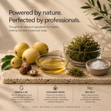 A styled product marketing graphic for a hair scalp treatment. The scene shows marula oil, Icelandic moss, and sea salt arranged on a stone slab with lemons, walnuts, and leaves on a warm beige background.
