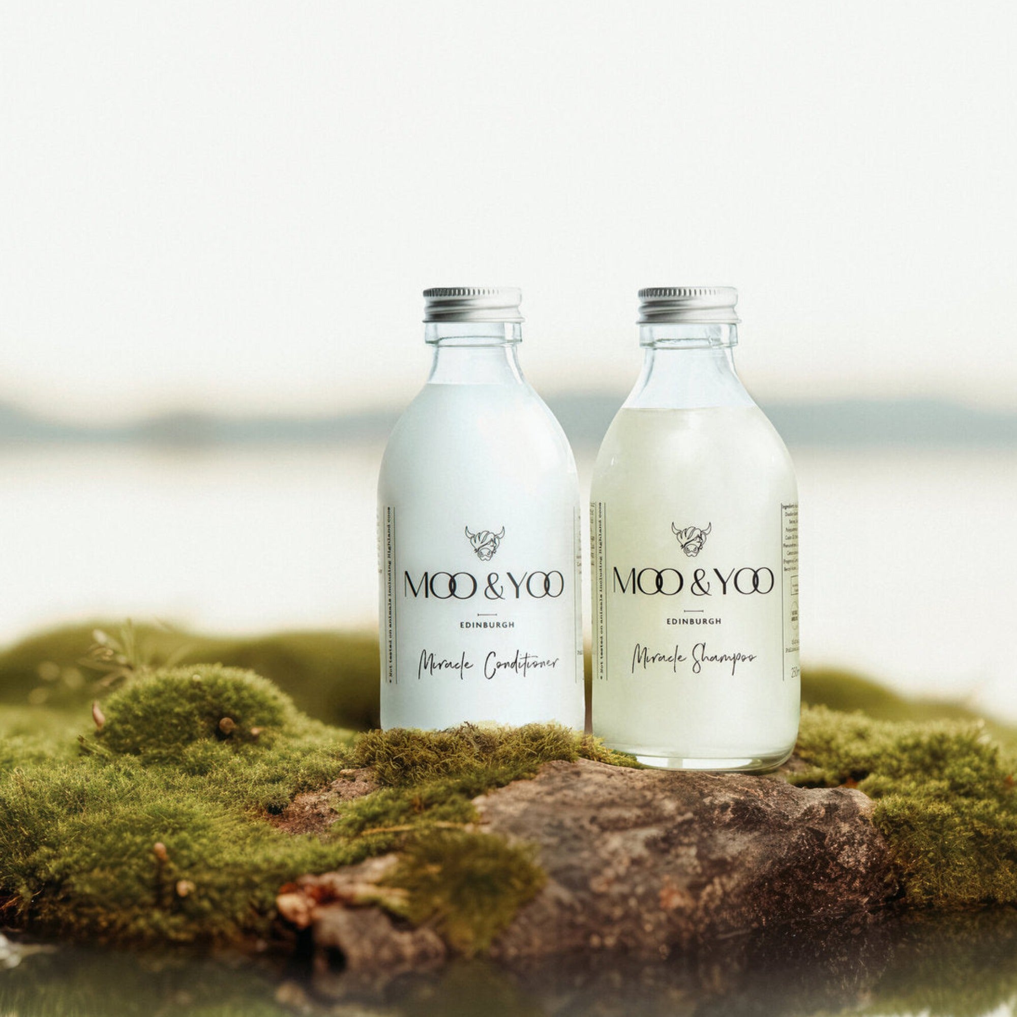 A glass bottle of Moo and Yoo Miracle Conditioner and a glass bottle of Moo and Yoo Miracle Shampoo sitting side by side with  aluminium lids. They are placed on a rock with moss in the edge of the water.