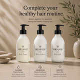 Three bottles of VIDA & CO hair care products lined up on a beige surface: Miracle Shampoo, Miracle Conditioner, and Miracle Milk. The bottles are clear with white liquid and black pumps, set against a warm neutral background with text and small decorative props.