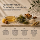 A promotional graphic for moo & yoo hair care product showing several small glass bowls containing ingredients such as marula oil, Icelandic moss, sweet almond oil, wheat protein, and almonds, arranged on a stone slab with text describing each ingredient.