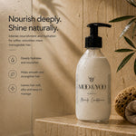 A bottle of MOD & YOO Miracle Conditioner with a black pump dispenser, set on a stone ledge next to a textured sponge and leaves, with promotional text on the left. Nourish Deeply. Shine Naturally.