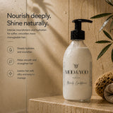 A bottle of MOD & YOO Miracle Conditioner with a black pump dispenser, set on a stone ledge next to a textured sponge and leaves, with promotional text on the left. Nourish Deeply. Shine Naturally.