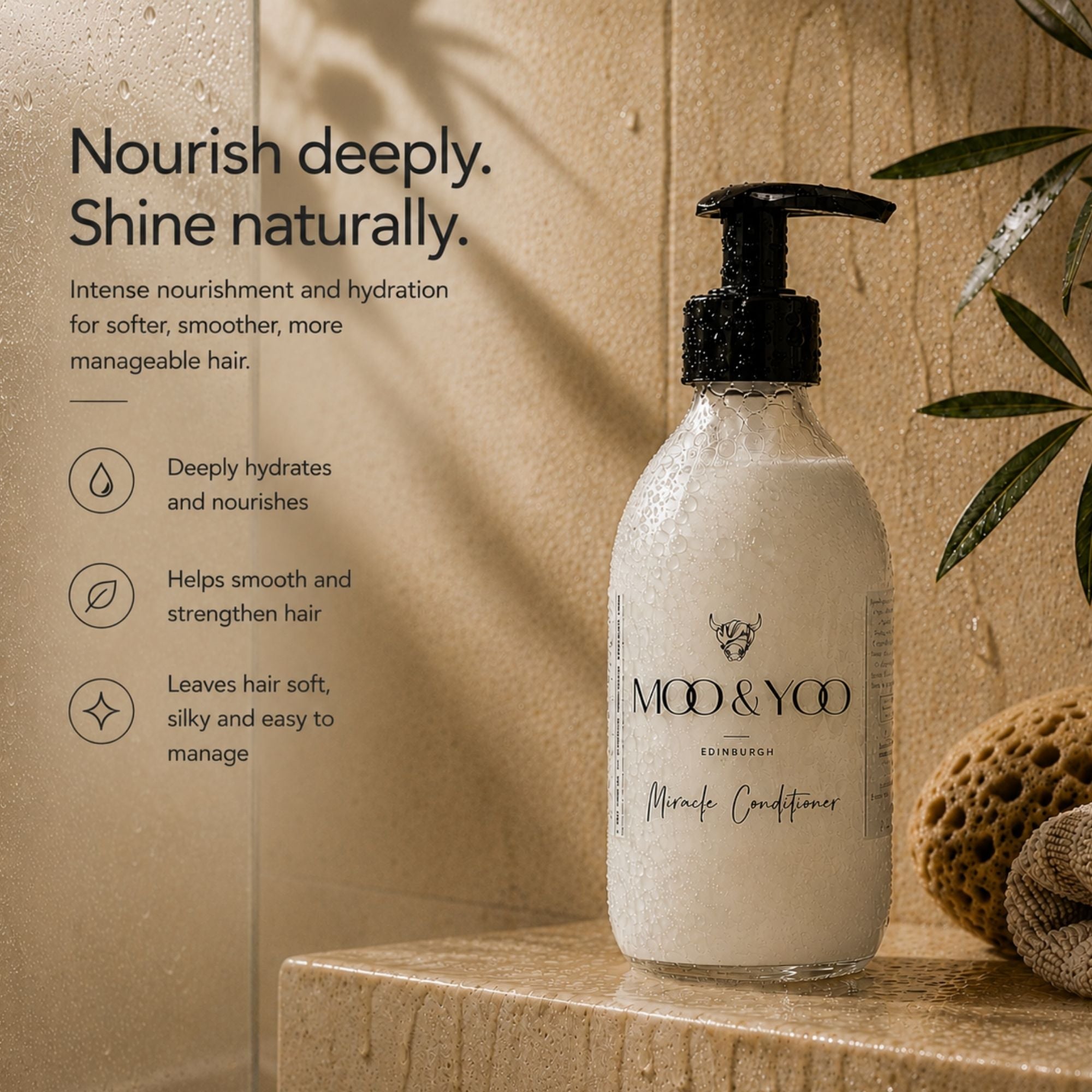 A bottle of MOD & YOO Miracle Conditioner with a black pump dispenser, set on a stone ledge next to a textured sponge and leaves, with promotional text on the left. Nourish Deeply. Shine Naturally.